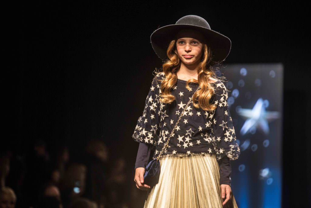 The very popular metallic pleated skirt featured on the runway for Monnalisa fall/winter 2017 kids collection