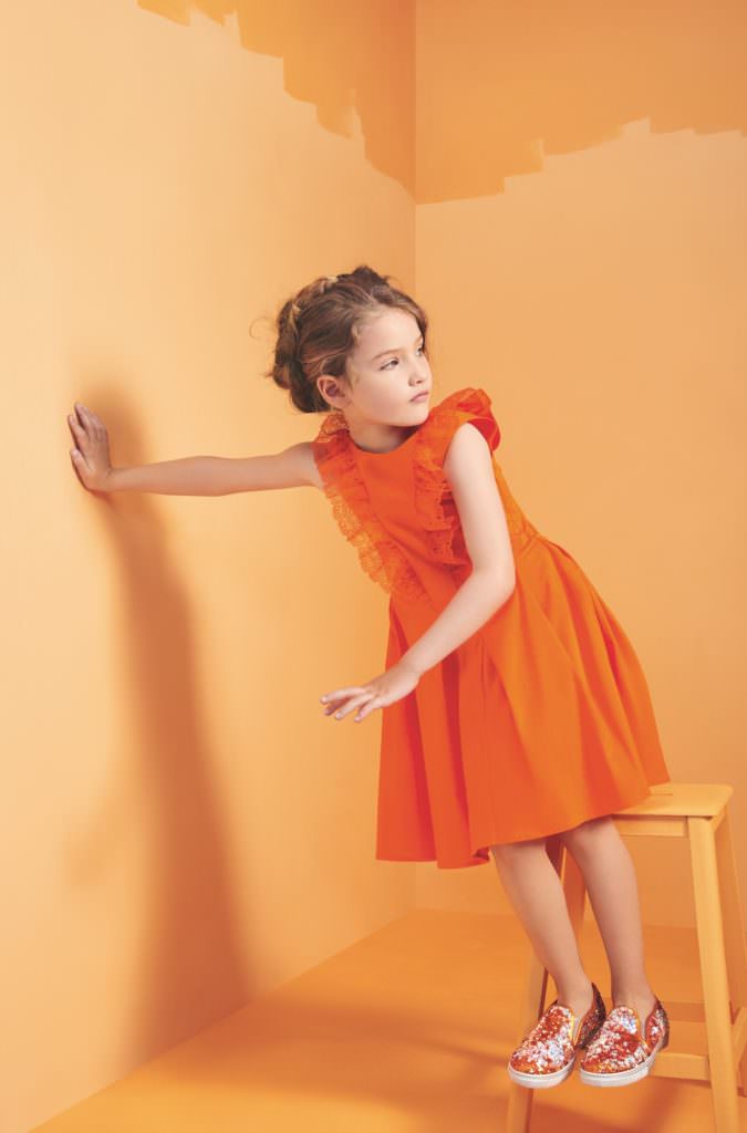 Bold tangerine, one of the hot trend colours for kids fashion spring 2017 at Baby Dior