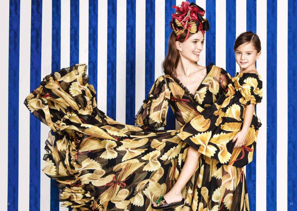 Fun photorealistic pasta print matching dresses at Dolce & Gabbana for spring 2017