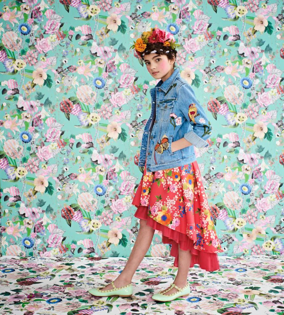 Junior Gaultier floral satin dress, Gucci embroidered denim jacket, GRACI flower hairband with added flowers, Step2wo green patent shoes 