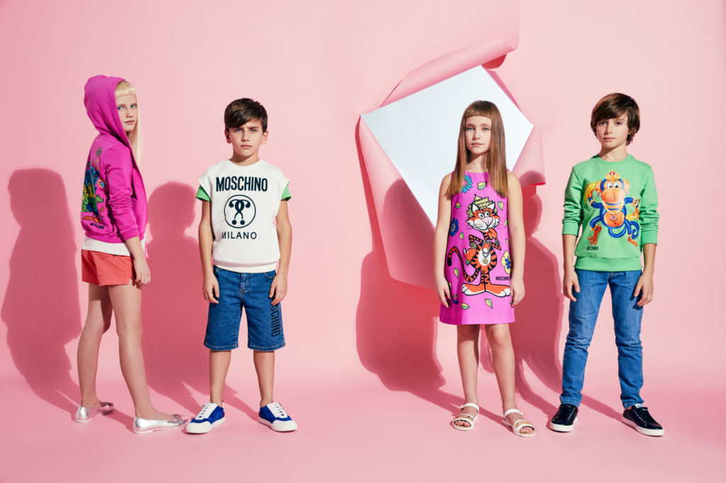 Pink and Green should never be seen - well thats what they used to say! Moschino summer kidswear goes bright for 2017