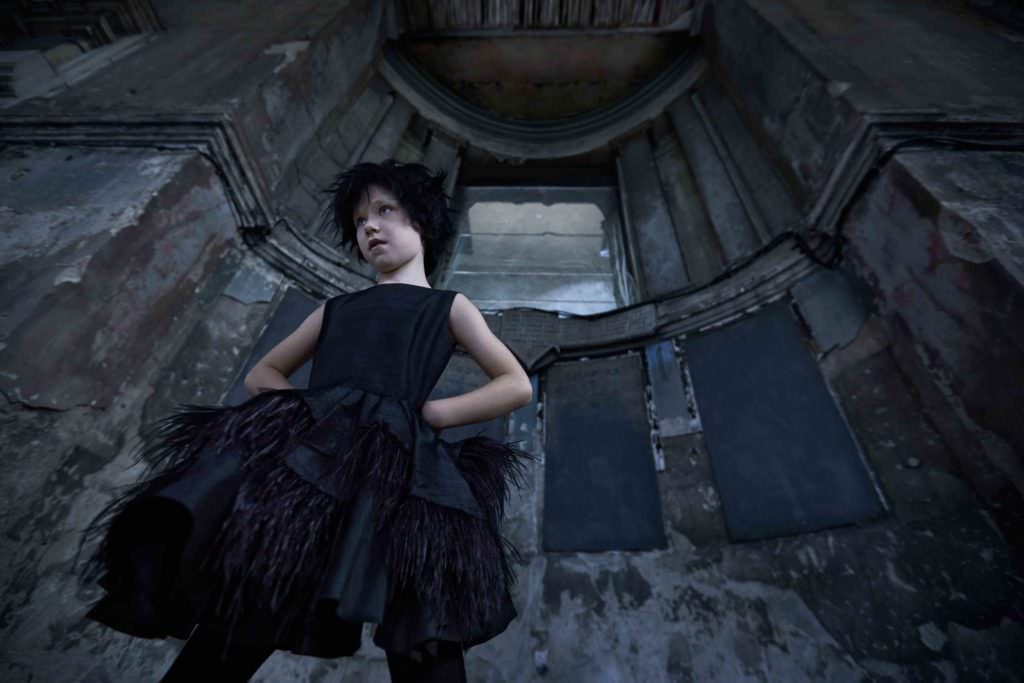 Feather dress, by Little Wardrobe. Black tights, by Next. Black glitter ankle boots, by Step2wo. 