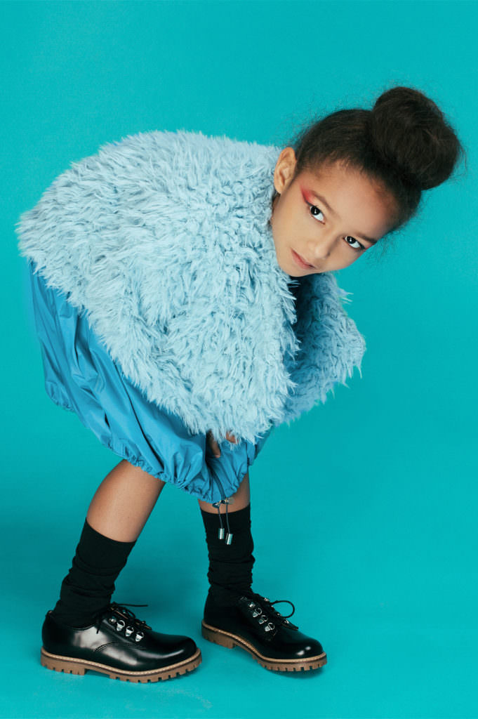 Mummymoon Furry blue fun coat and balloon dress from Amelia J Collection