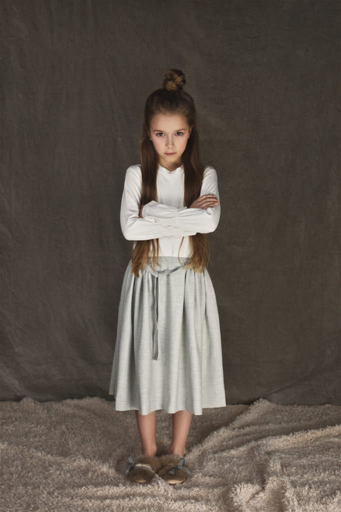 Unlabel Ava top in ecru with Tea skirt in grey / milk herringbone at Amelia J Collection