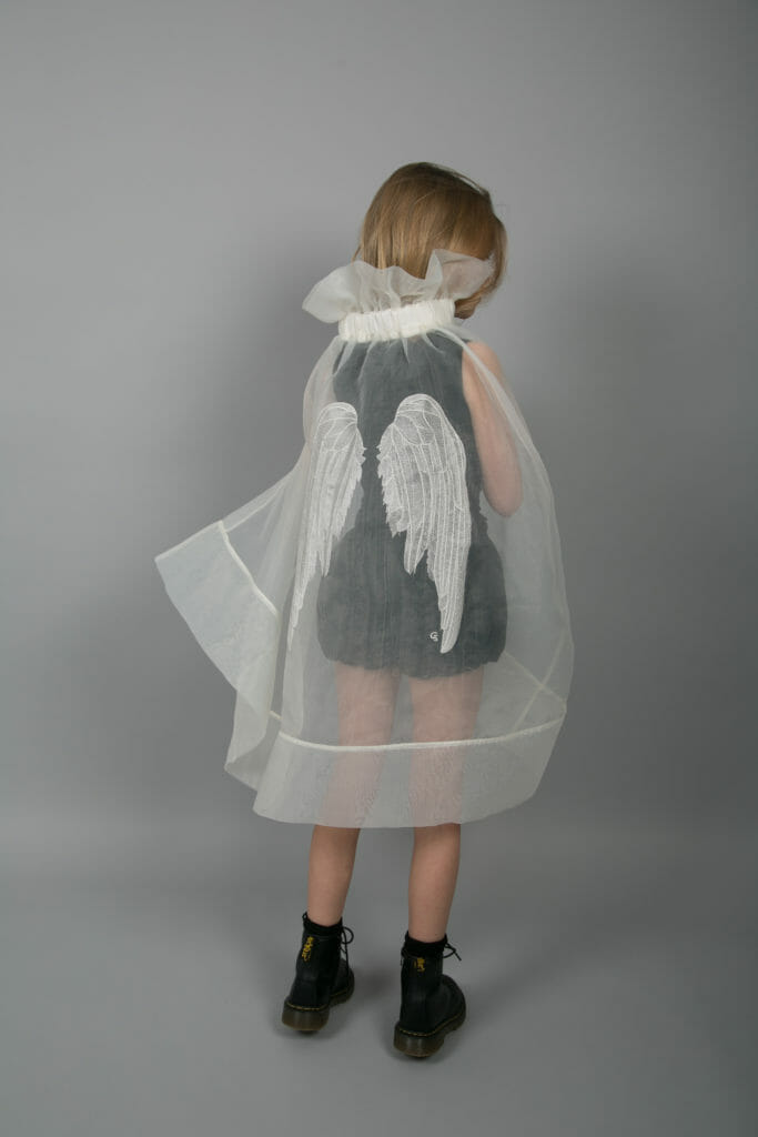 Beautiful embroidered wings organza cape by Carbon Soldier for kidswear SS18