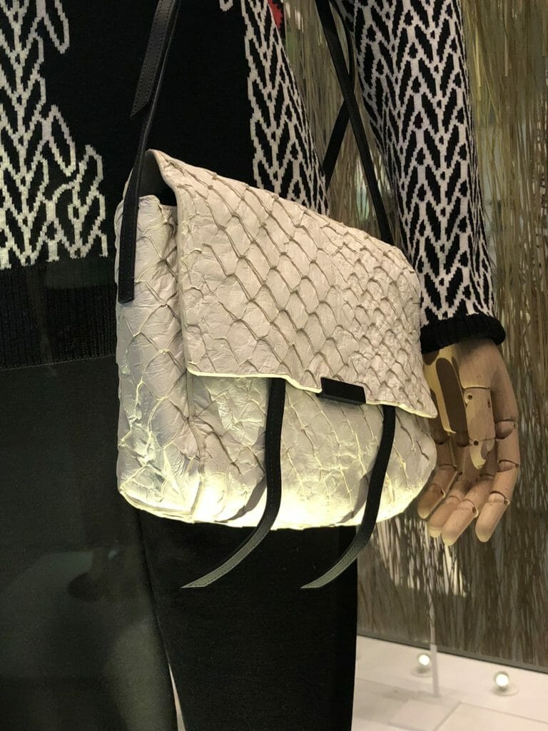 Brazilian label Osklen specialise in luxury products made from sustainable materials, this bag is made from Pirarucu fish skin, this is a protected species and the skins come from government regulated farms which provide employment for local communities and a sustainable source of food