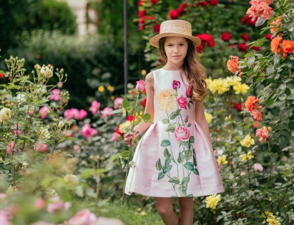 Beautiful rose print structured occasion dress at Love Made Love for summer girlswear