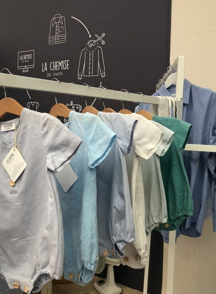 Recycling at La Chemise de Papa, mens shirts are reworked into baby rompers and dresses for little ones