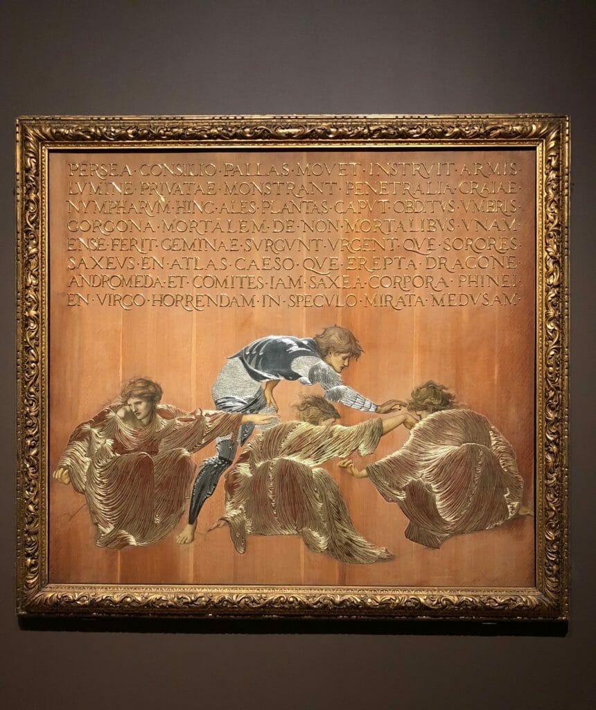 Exquisite silver and gold leaf work on Perseus and the Graiae 1877, a technique Edward Burne-Jones chose not to pursue but this is beautiful
