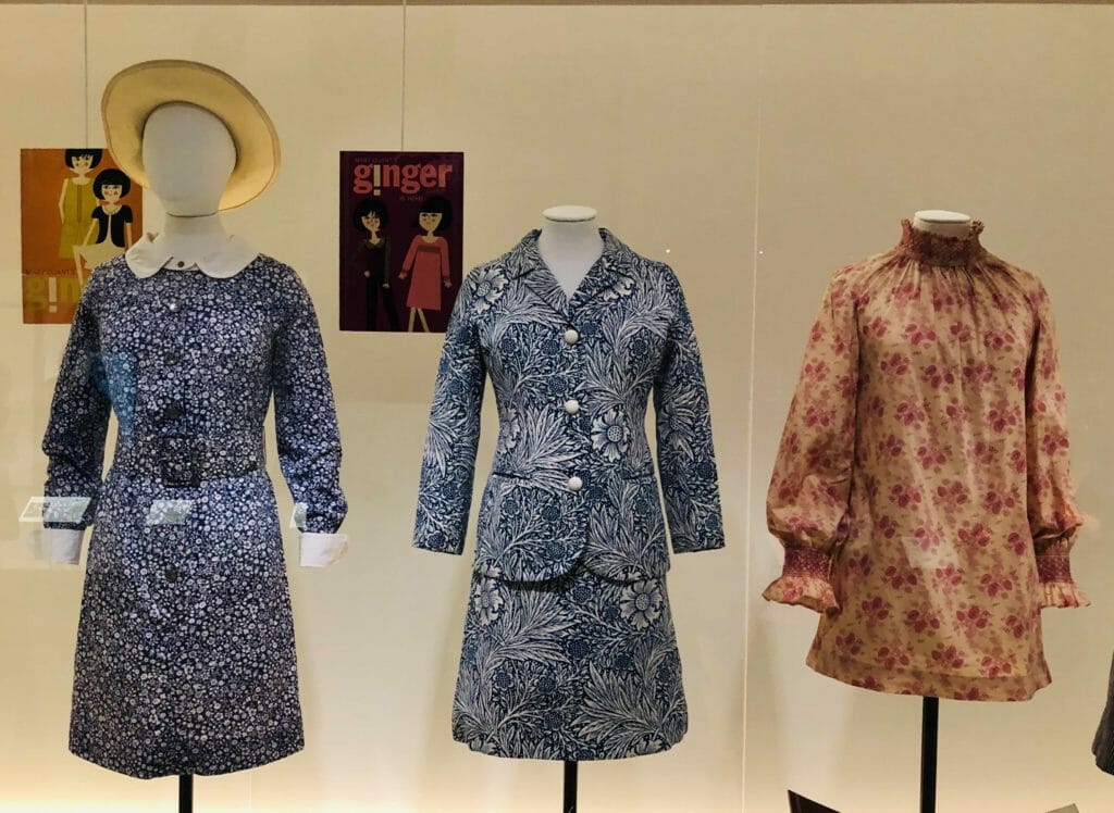 The Mary Quant retrospective features key inspirations such as Victoriana, seen here with William Morris and Liberty prints in the late 1960's
