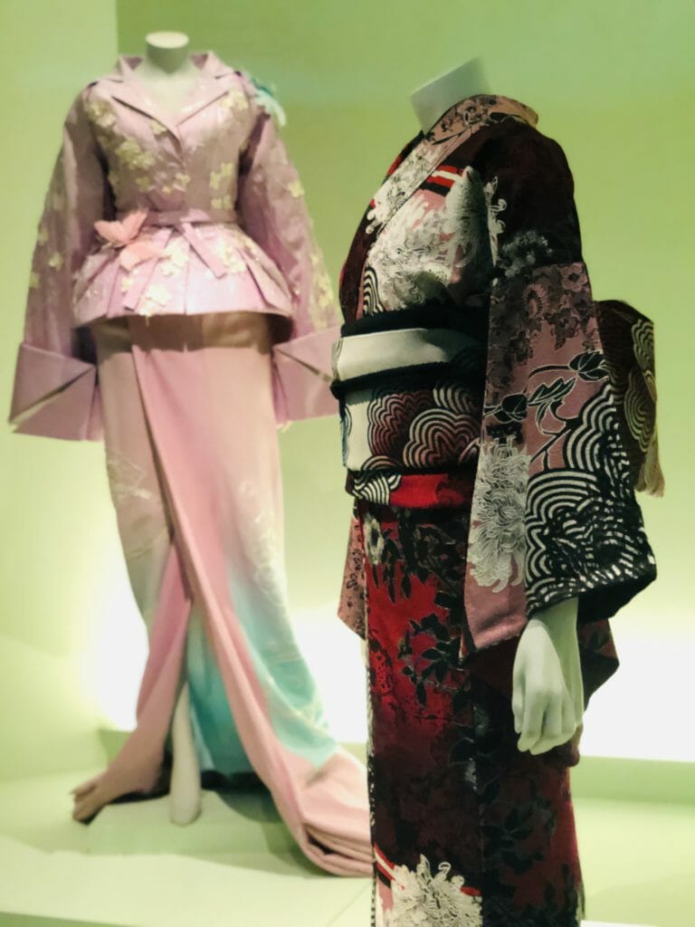 A 2019 traditional Kimono by Japanese designer Jotaro Saito and a Western inspired creation by John Galliano for Dior from 2007 at the V&A London