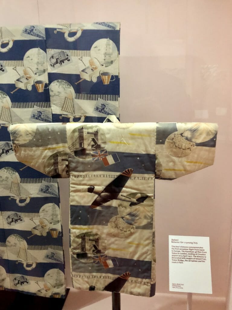 Boys kimono's began to depict modern achievements in the 20th century, this depicts the first flight between Tokyo and London in 1937