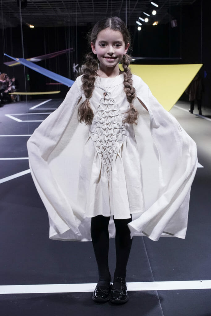 Infantum Victoria at Pitti Bimbo 90 for FW20 with a dress made from new textile Weganool