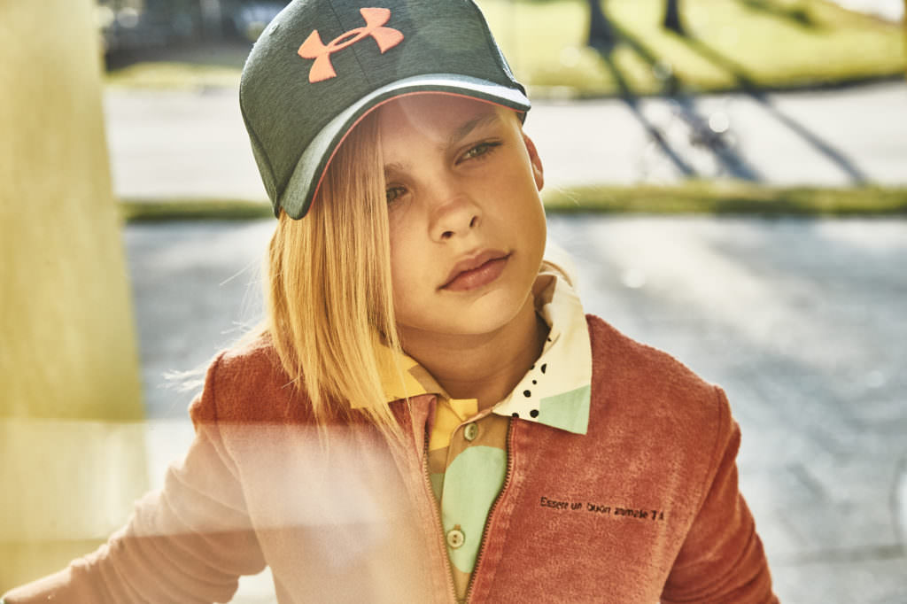 Raspberry Plum shirt, The Animals Observatory cardigan and stylists own cap, kids style shoot for Hooligans magazine