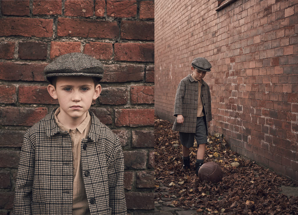 Coat & shirt by Caramel, vintage shorts & hat by The Costume Department in a Peaky Blinders inspired kids fashion story by Dan Scudamore