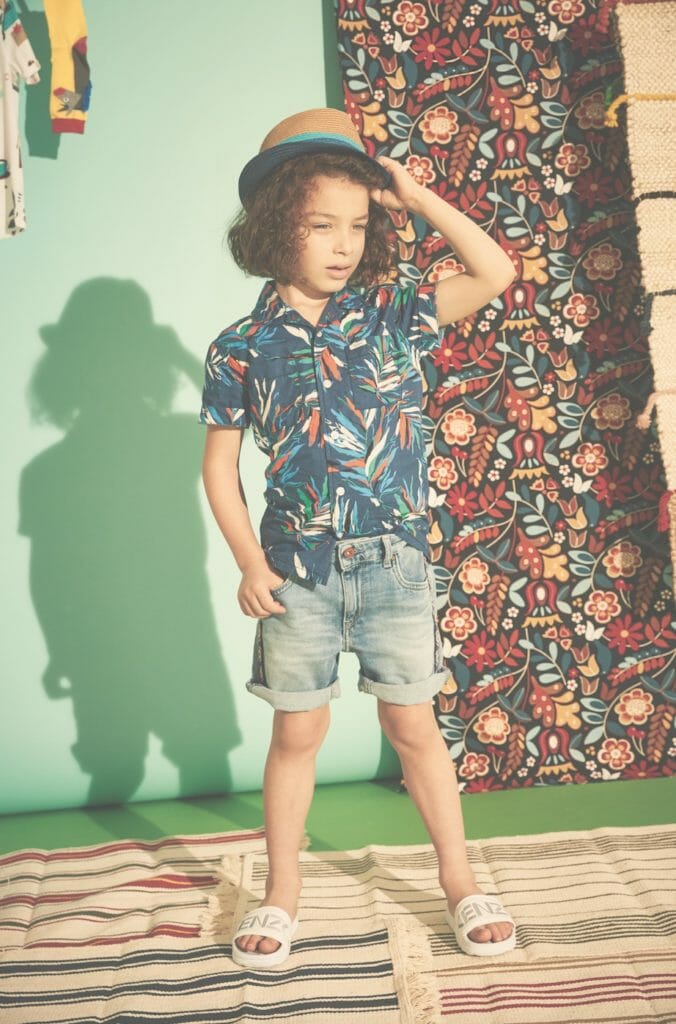 Pepe jeans shirt and shorts, Sliders by Kenzo Kids and a Paul Smith hat from Alex and Alexa spring 2018