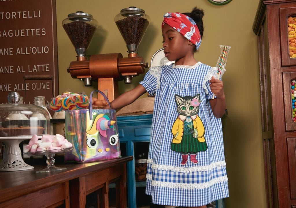 Unicorn bags and pussycat decorated gingham for Gucci childrenswear summer 2018