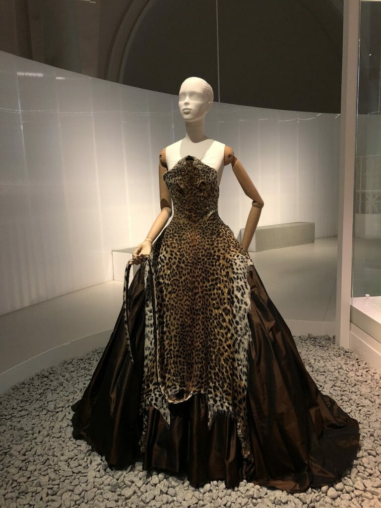 The upper level of the exhibition concentrates on fashion sustainability in the modern fashion world, here is the amazing Jean Paul Gaultier couture dress from 1997 made with thousands of hand sewn beads which replicate an animal print