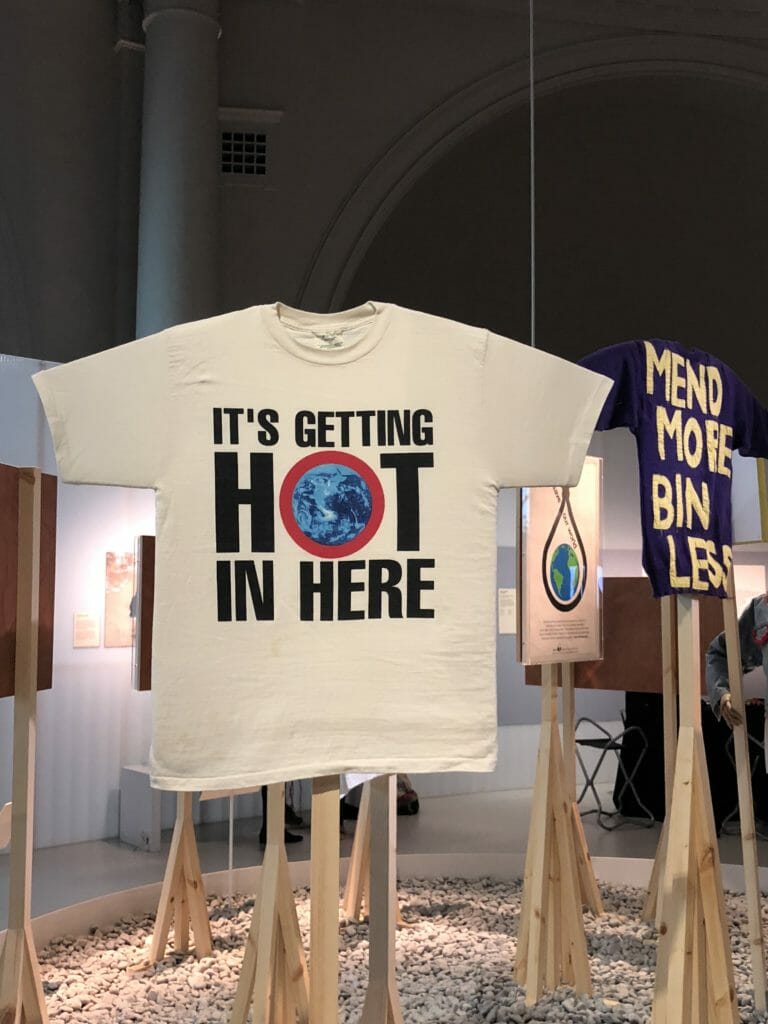 The modern environmental movement took shape in the 1970's, campaign groups used T-shirts tpo raise money, here a Greenpeace T-shirt from 1990 at the V&A Fashioned from Nature exhibition