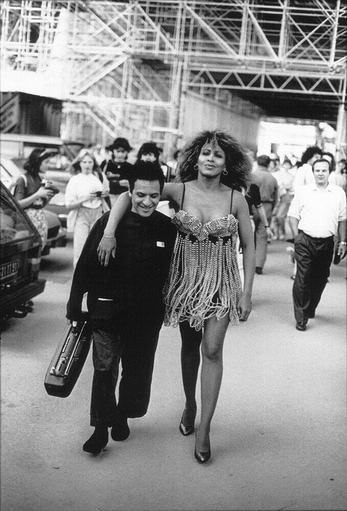 Azzedine with the chain mail dress he created for Tina Turner photographed by Peter Lindbergh
