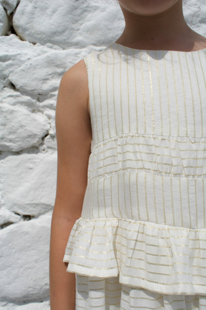 Gold stripe fabric detail from Kokori girlswear collection for summer 2018