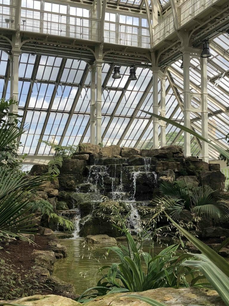 One corner of the main glasshouse has a cascading waterfall