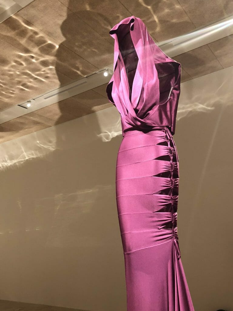 This amazing pink dress was designed for Grace Jones to wear in the Bond movie A View to a Kill in 1985