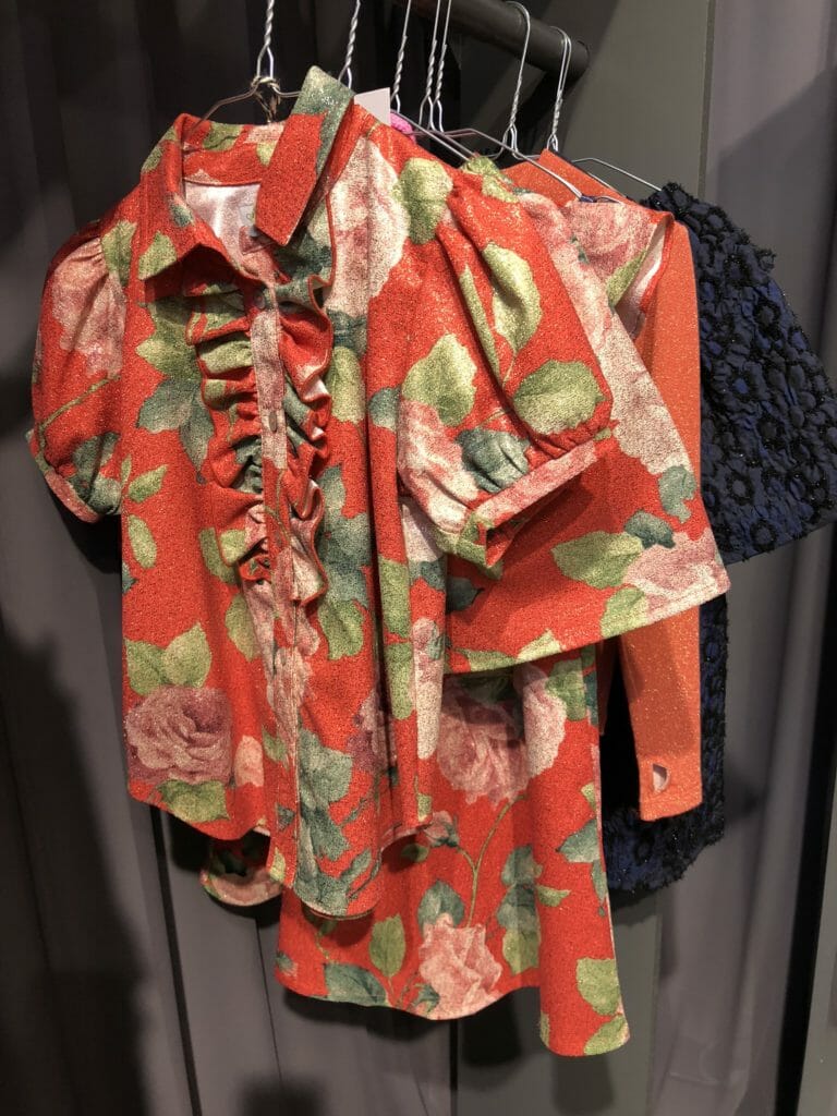 Florals in lurex for late order Christmas styles at Christina Rohde at CIFF Kids