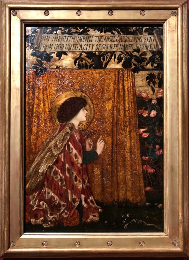 Part of a alterpiece painted for St Paul's church in Brighton, the gold leaf and raised pattern work was inspired by Renaissance techniques - The Annunciation and the Adoration of the Magi 1861