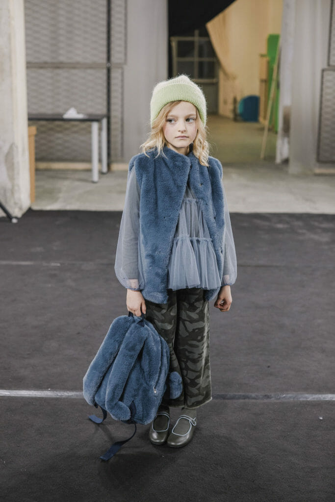 Contrasting textures with faux fur and tulle at Il Gufo fall 2019 kidswear