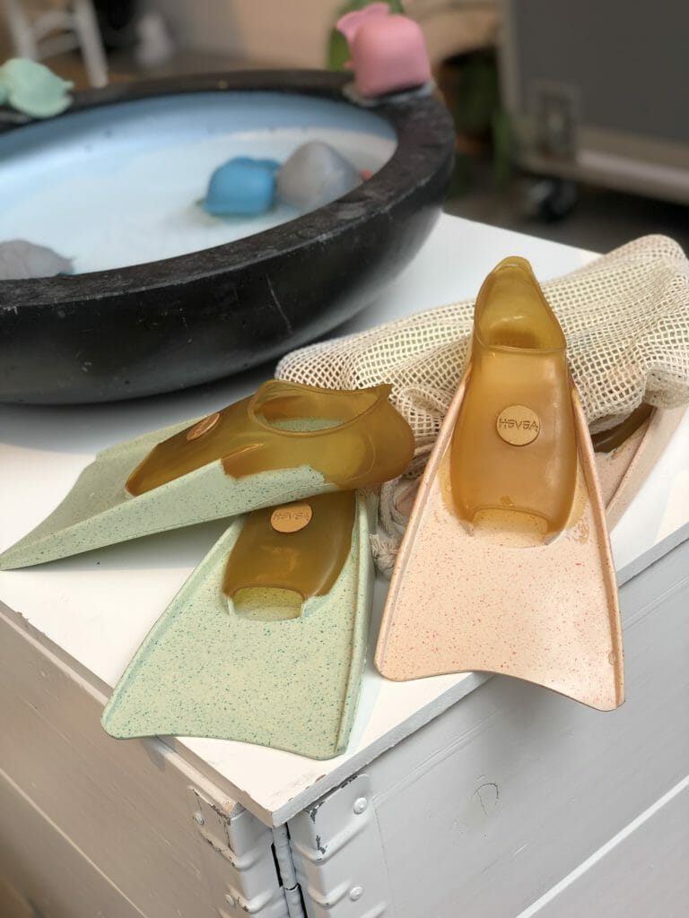 Even the flippers keep the colour message, natural rubber flippers with recycled plastic fins at Hevea, the rubber baby lifestyle specialists
